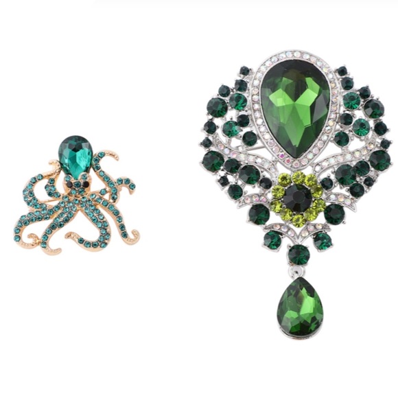 Jewelry - Set of 2 Multi Color Austrian Crystal Octopus Brooch in Dualtone